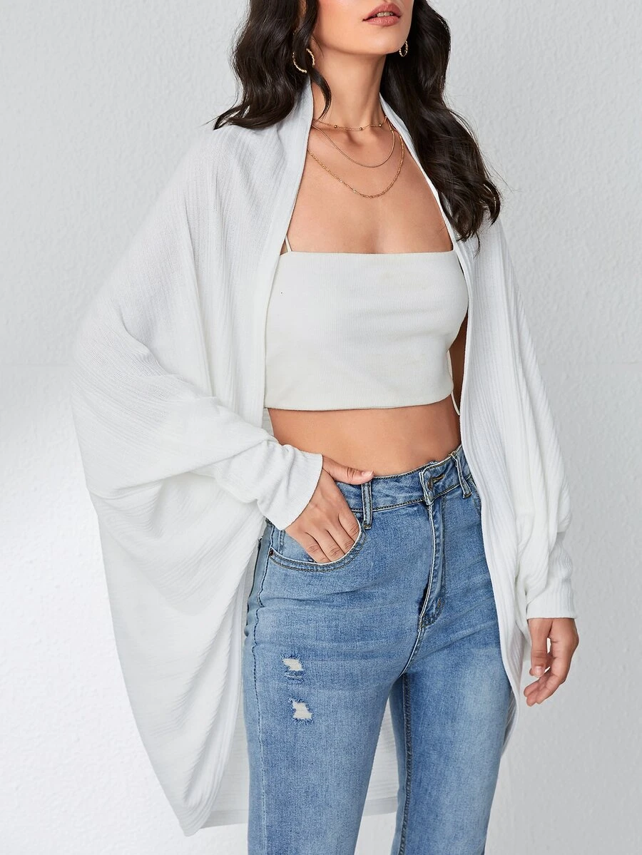 SHEIN 蝙蝠袖開門襟針織外套 - 白色 - 查看 1