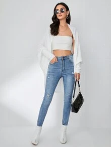 SHEIN 蝙蝠袖開門襟針織外套 - 白色 - 查看 4