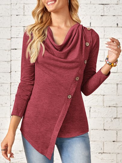 EMERY ROSE Draped Front Button Detail Asymmetrical Tee