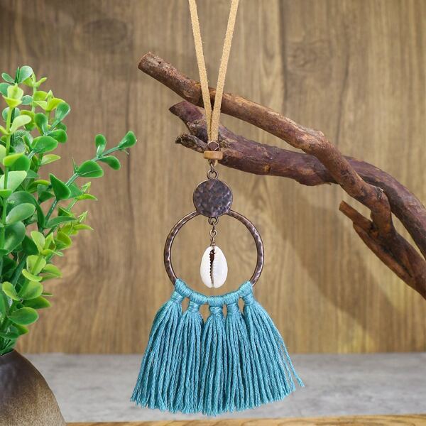 

Shell & Tassel Charm Necklace, Blue