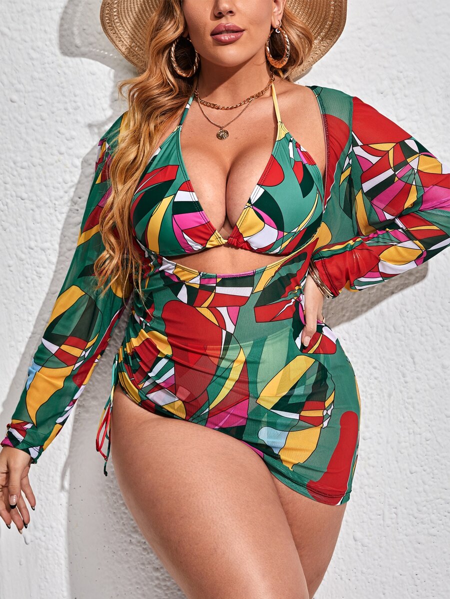 SHEIN Swim Curve 3packs Plus Size Allover Print Bikini & Cover Up Summer Beach - Multicolor - View 1