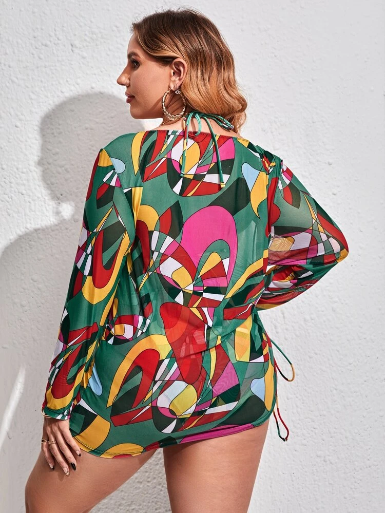 3packs Plus Size Allover Print Bikini & Cover Up Summer Beach