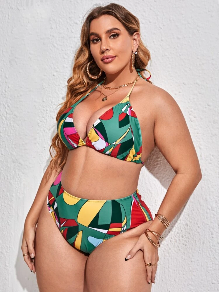 3packs Plus Size Allover Print Bikini & Cover Up Summer Beach