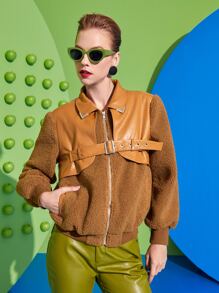 Sayndo Áo khoác nữ Thắt lưng Túi Dây kéo Thùa khuyết Khối Màu Giải trí - màu nâu - Xem 1