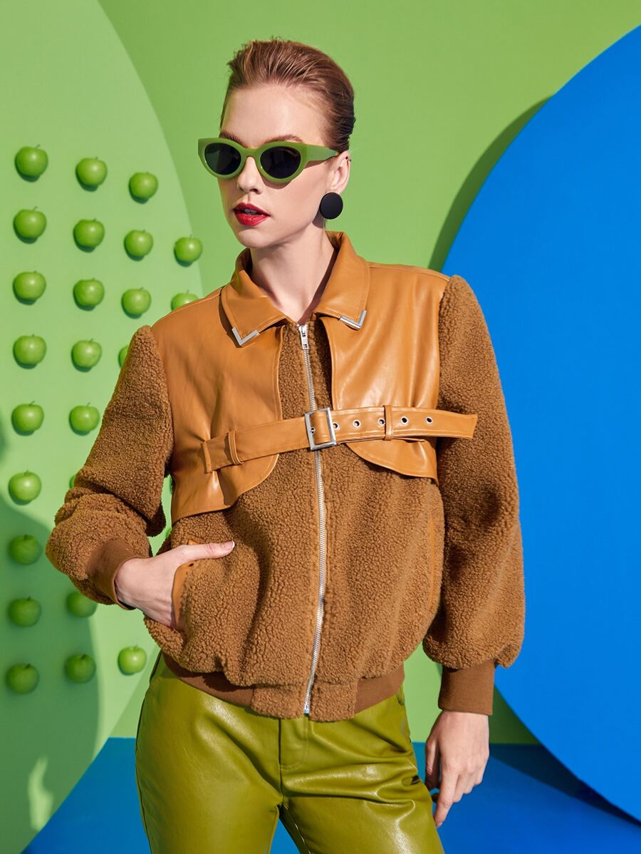 Sayndo Áo khoác nữ Thắt lưng Túi Dây kéo Thùa khuyết Khối Màu Giải trí - màu nâu - Xem 1