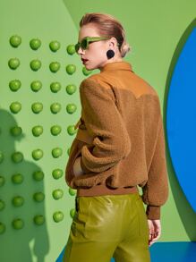 Sayndo Áo khoác nữ Thắt lưng Túi Dây kéo Thùa khuyết Khối Màu Giải trí - màu nâu - Xem 2