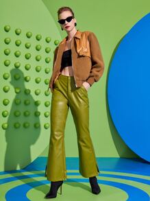 Sayndo Áo khoác nữ Thắt lưng Túi Dây kéo Thùa khuyết Khối Màu Giải trí - màu nâu - Xem 3