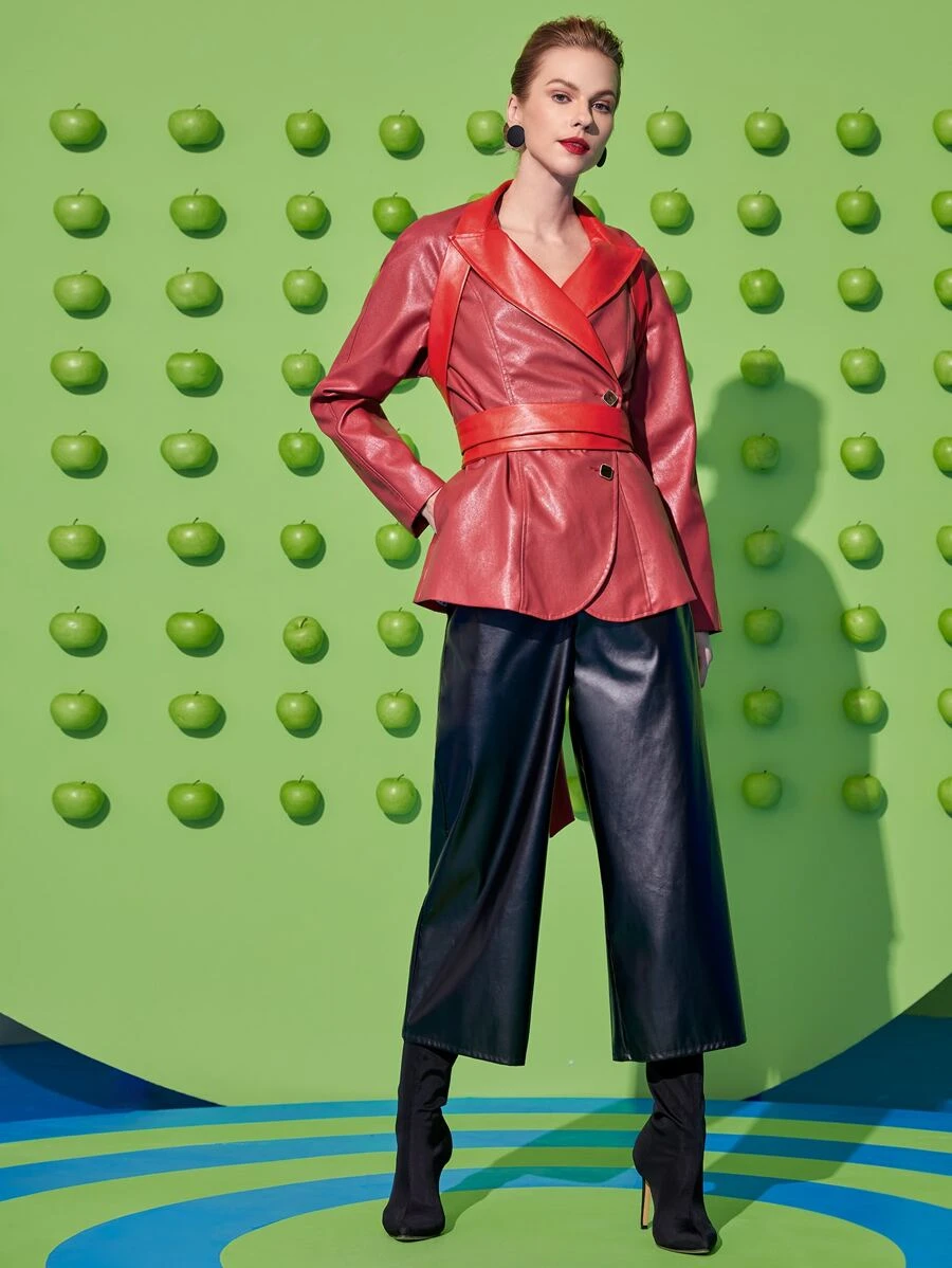 Sayndo 设计师翻领系带 PU 皮革大衣