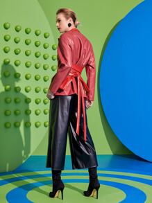 Sayndo 设计师翻领系带 PU 皮革大衣