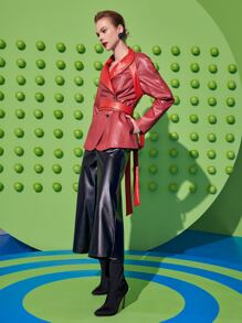 Sayndo 设计师翻领系带 PU 皮革大衣