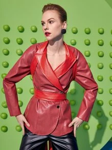 Sayndo 设计师翻领系带 PU 皮革大衣