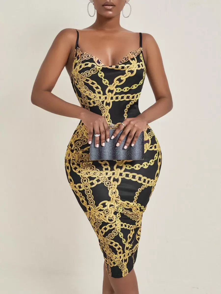 Slaydiva Chain Print Backless Drape Neck Bodycon Dress - Multicolor - View 1