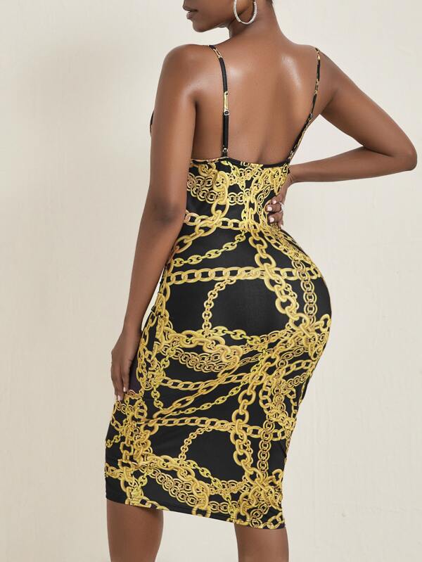 SHEIN Slayr Chain Print Backless Drape Neck Bodycon Dress SHEIN UK