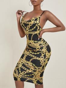Slaydiva Chain Print Backless Drape Neck Bodycon Dress - Multicolor - View 3