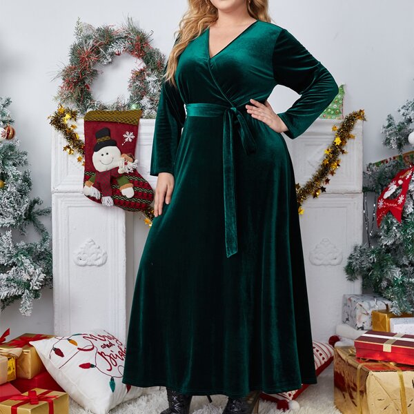 

Plus Overlap Collar Belted Velvet Dress, Dark green