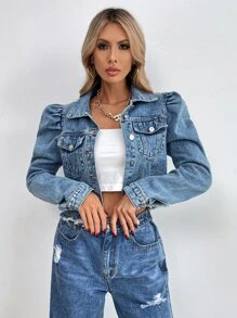 SHEIN Privé Cropped Puff Sleeve Button-Front Denim Jacket - Medium Wash - View 3