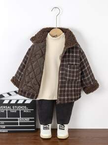 小男童格紋印花羊絨領口外套