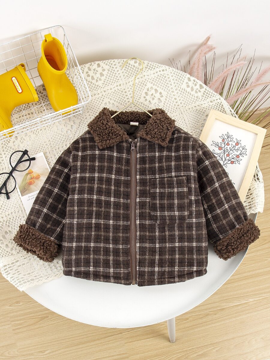 小男童格紋印花羊絨領口外套