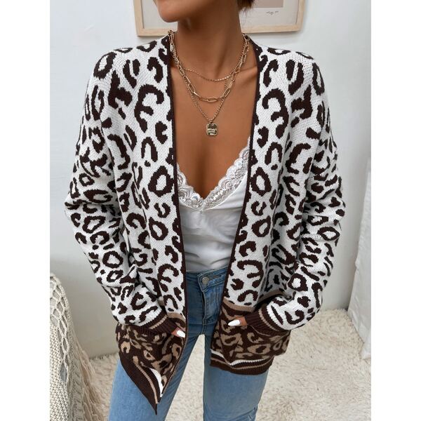 

Leopard Pattern Colorblock Drop Shoulder Cardigan, Multicolor