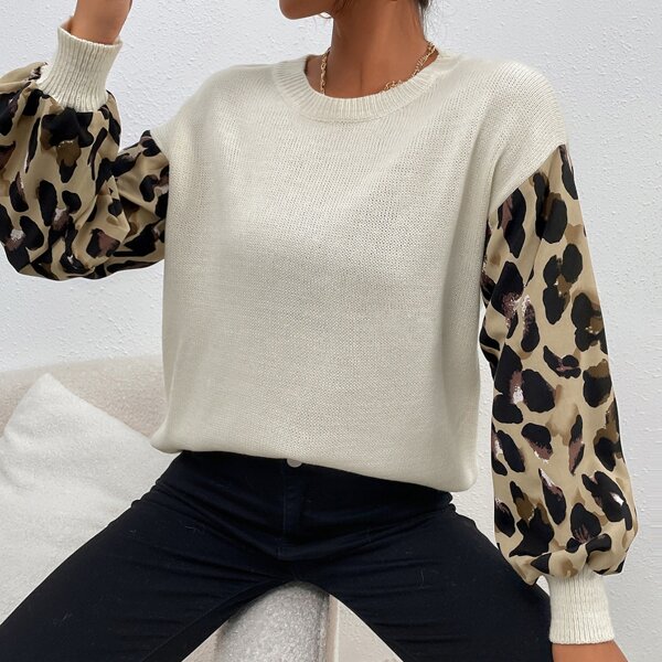 

Graphic Print Lantern Sleeve Sweater, Beige