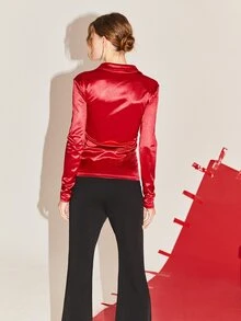 SHEIN Áo sơ mi Chất rắn Nút phía trước - Đỏ - Xem 2