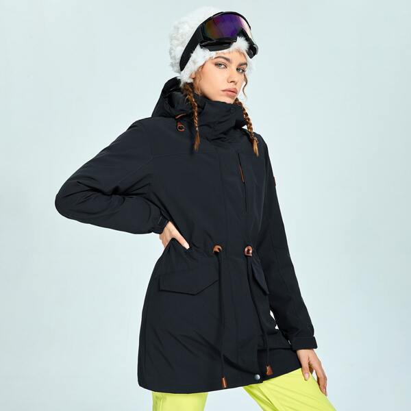 

3 In 1 Warming Waterproof Letter Patched Drawstring Waist Hooded Sports Jacket & Removable Liner, Navy blue