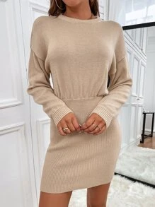 SHEIN Tall Drop Shoulder Ribbed Knit Jumper Dress - Apricot - View 4