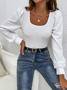 SHEIN Frenchy Scoop Neck Puff Sleeve Solid Tee - White - View 1