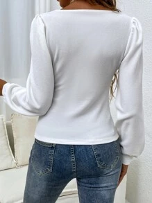 SHEIN Frenchy Scoop Neck Puff Sleeve Solid Tee - White - View 2