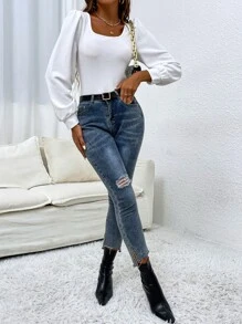 SHEIN Frenchy Scoop Neck Puff Sleeve Solid Tee - White - View 6