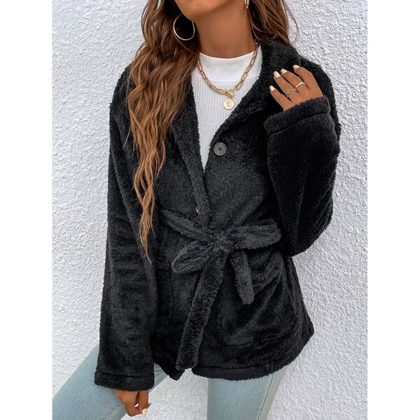 

Button Front Dual Pockets Belted Teddy Coat, Black