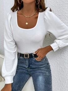 SHEIN Frenchy Scoop Neck Puff Sleeve Solid Tee - White - View 5