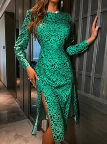 Allover Print Slit Thigh Dress - Green - View 4