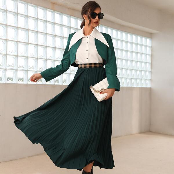 

Gingham Waist Pleated Skirt, Dark green