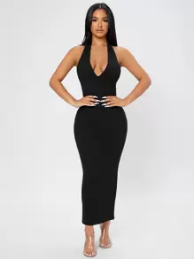 SHEIN PETITE Vestido De Cuerpo De Punto Acanalado Sin Espalda Con Tirantes Y Lazos En La Cintura - Negro - Ver 1