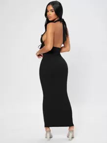 SHEIN PETITE Vestido De Cuerpo De Punto Acanalado Sin Espalda Con Tirantes Y Lazos En La Cintura - Negro - Ver 2