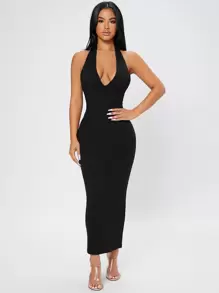 SHEIN PETITE Vestido De Cuerpo De Punto Acanalado Sin Espalda Con Tirantes Y Lazos En La Cintura - Negro - Ver 4