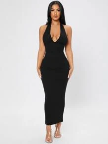 SHEIN PETITE Vestido De Cuerpo De Punto Acanalado Sin Espalda Con Tirantes Y Lazos En La Cintura - Negro - Ver 5