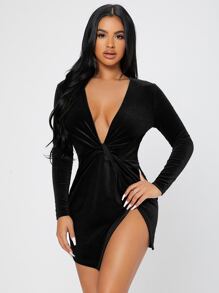 SHEIN PETITE 前扭結圍裹絲絨洋裝 - 黑色 - 查看 1