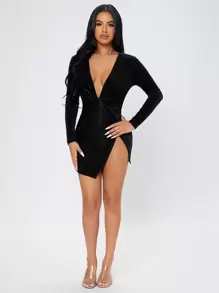 SHEIN PETITE 前扭結圍裹絲絨洋裝 - 黑色 - 查看 3