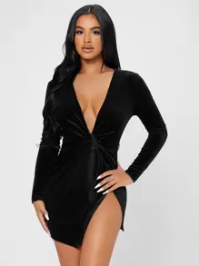 SHEIN PETITE 前扭結圍裹絲絨洋裝 - 黑色 - 查看 4