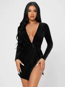 SHEIN PETITE 前扭結圍裹絲絨洋裝 - 黑色 - 查看 5