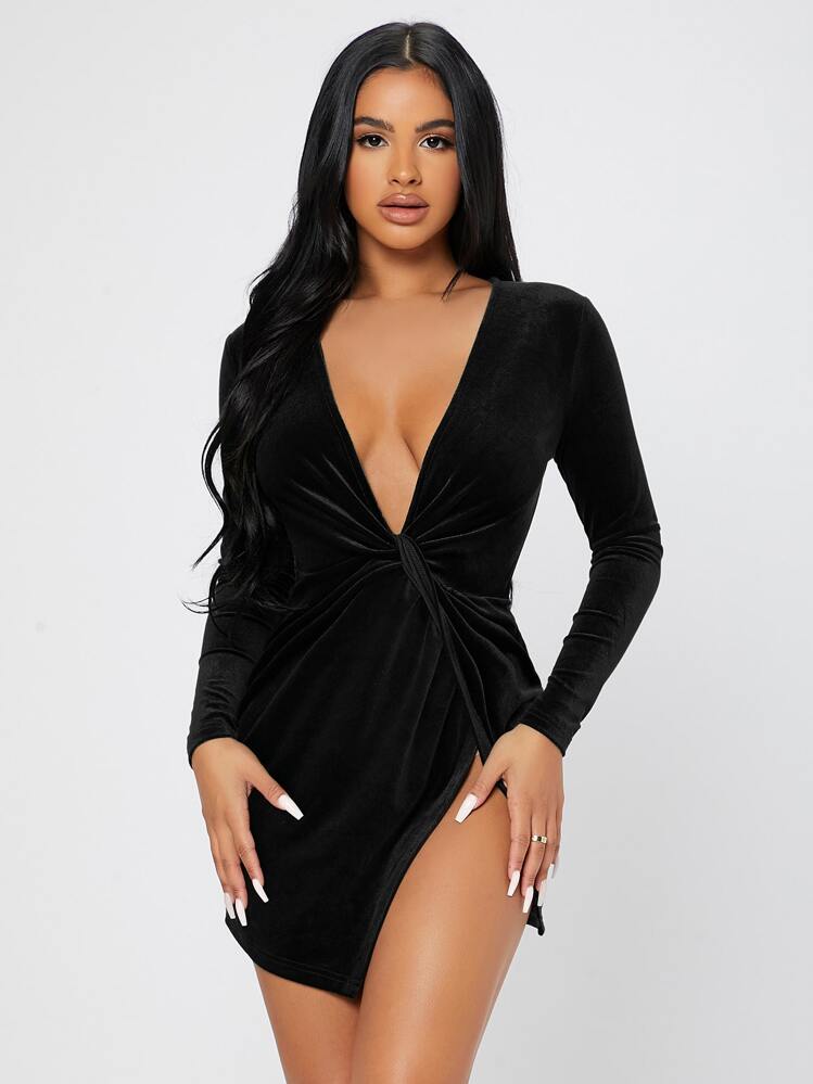 SHEIN PETITE Twist Front Wrap Velvet Dress - Black - View 5