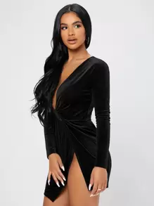 SHEIN PETITE 前扭結圍裹絲絨洋裝 - 黑色 - 查看 6