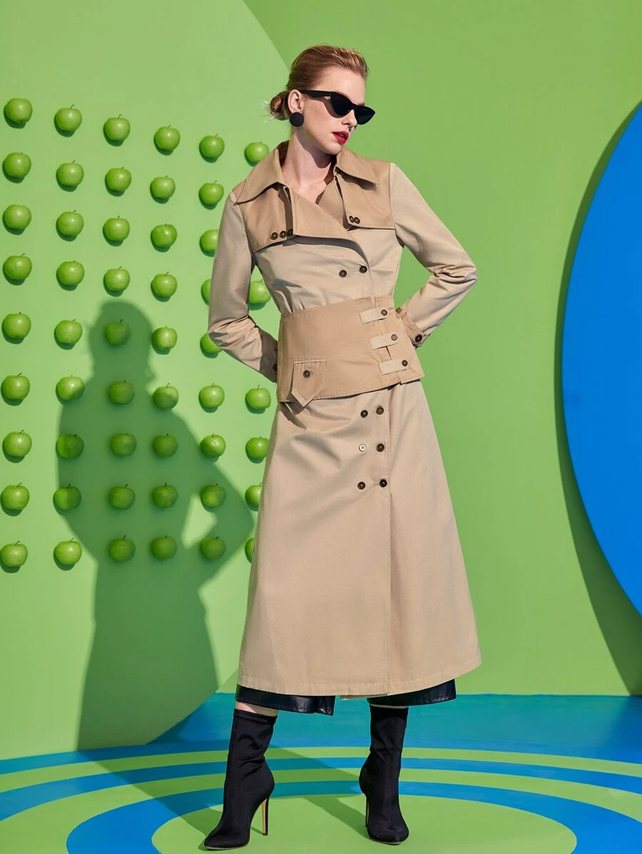 Majo 拼接面雙排釦風衣外套帶腰封 - 卡其色 - 查看 1