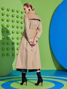 Majo 拼接面雙排釦風衣外套帶腰封 - 卡其色 - 查看 2