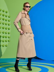 Majo 拼接面雙排釦風衣外套帶腰封 - 卡其色 - 查看 4