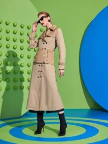 Majo 拼接面雙排釦風衣外套帶腰封 - 卡其色 - 查看 6