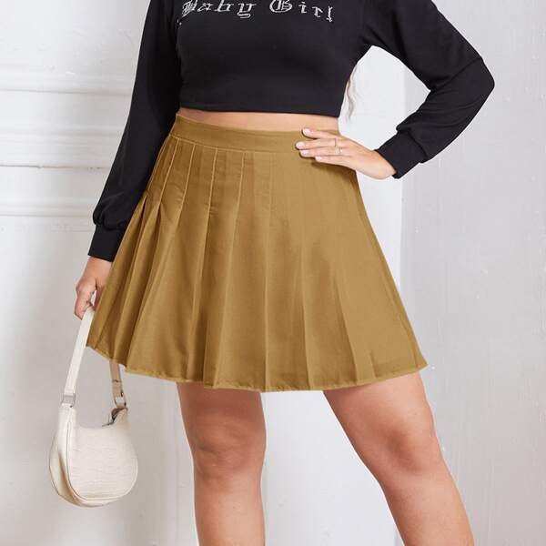 

Plus Solid Pleated Skirt, Gold