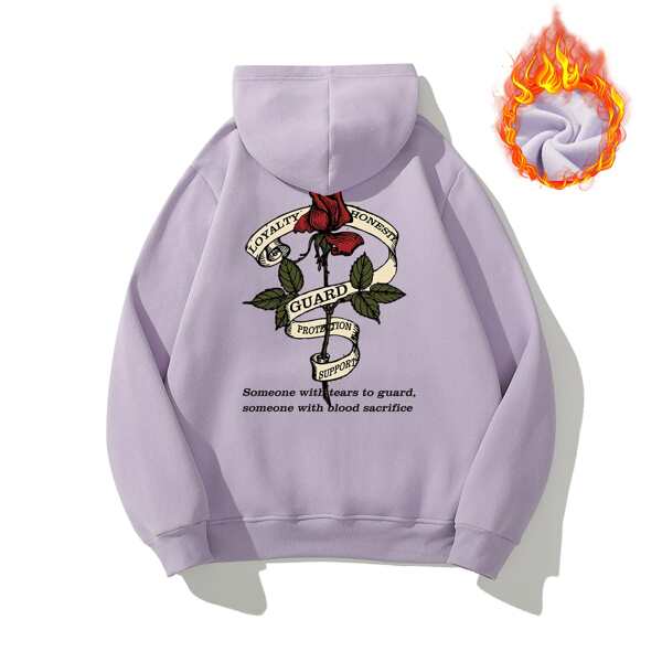 

Men Floral & Slogan Graphic Drawstring Thermal Lined Hoodie, Mauve purple